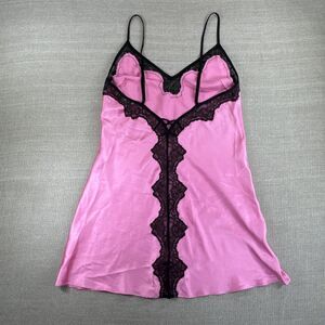 Victorias Secret Y2K Slip Dress Medium Pink Black Lace Trim Grunge Romantic